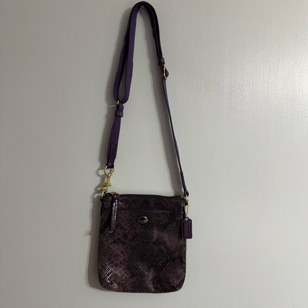 Coach Signature Stripe Embossed Exotic Purple Swingback Crossbody Bag